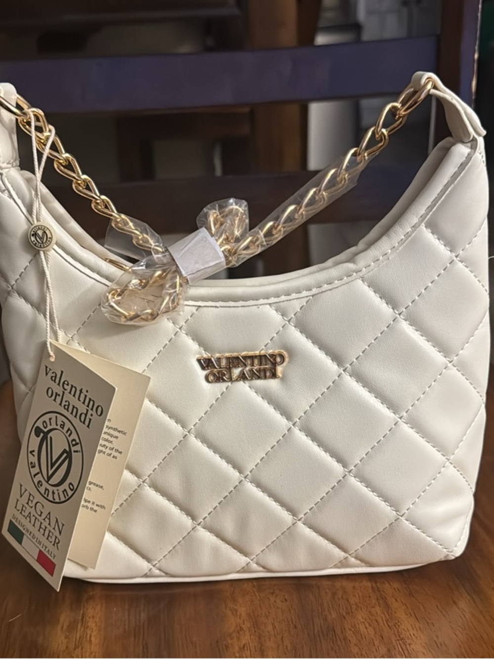 Valentino Orlandi Beige Quilted Shoulder Bag with Gold Chain